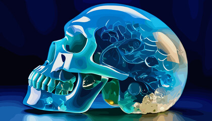 Elegant blue crystal skull with intricate details displayed on a dark surface under dramatic lighting (probably my best)