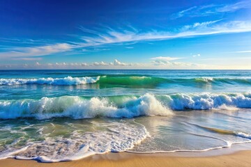Fototapeta premium Calm ocean waves crashing against the shore on a clear blue day, water, shoreline