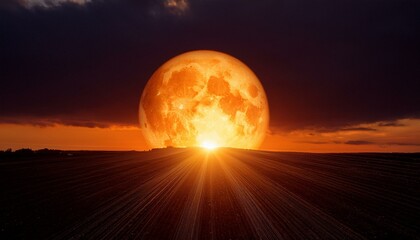 A big sun rises under the dark sky