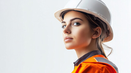 confident female construction worker wearing hard hat and safety gear, showcasing determination and professionalism in her role