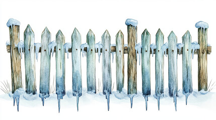 cheerful watercolor style countryside fence covered in snow and icicles, evoking serene winter atmosphere. Perfect for seasonal themes and rustic decor