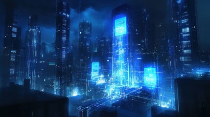 Fototapeta premium A futuristic city skyline at night, with glowing blue lights and digital screens.