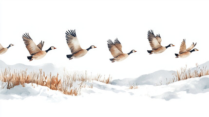 cheerful flock of geese flying over snowy landscape, showcasing their graceful movement and natural beauty. watercolor style adds serene touch to scene