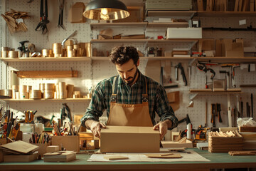worker prepares cardboard box in well organized workshop filled with tools and materials