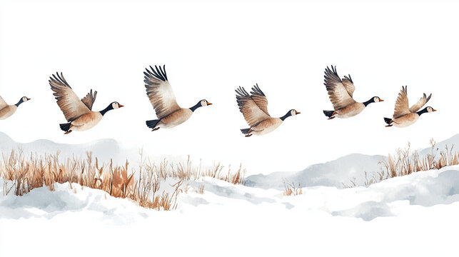cheerful flock of geese flying over snowy landscape, showcasing their graceful movement and natural beauty. watercolor style adds serene touch to scene