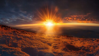 A big sun rises under the dark sky