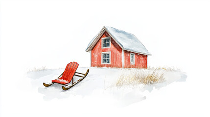 Naklejka premium cheerful watercolor style sled leaning against red cabin in snowy landscape. scene evokes sense of winter joy and nostalgia
