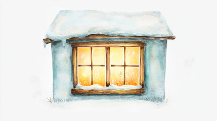 cozy watercolor style illustration of frosted farmhouse window, glowing warmly with light. snow covered roof and frosty details evoke serene winter atmosphere