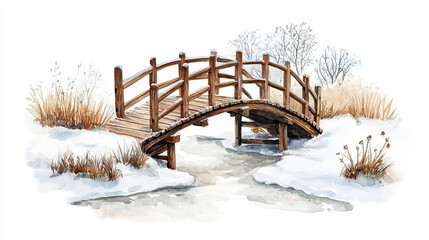 charming watercolor style bridge over frozen stream, surrounded by snow and dry grass, evokes serene winter landscape