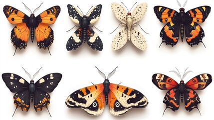 A collection of retro-style colorful moths and butterflies, isolated on a transparent background, offers a charming and romantic design perfect for cards, banners, or sticker prints.