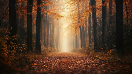 Obraz premium tranquil forest trail carpeted in brown and yellow leaves