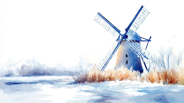 joyful watercolor style windmill surrounded by winter scenery, featuring icicles and frosty grass. serene landscape evokes peaceful winter atmosphere