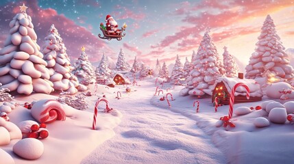 Candy land illustration style christmas candy canes, christmas trees santa flying on his sleigh in background