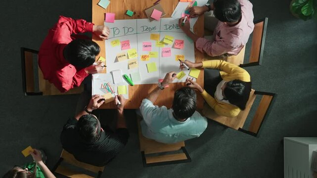 Time lapse of people writing and making scrum task board while writing marketing and planning strategy at colorful sticky notes. Smart team manage work performance by using kanaban board. Convocation.