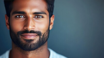 Obraz premium Young Indian man in business casual attire, close-up of his confident expression, with soft lighting.
