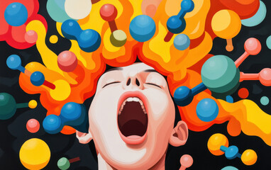 Fototapeta premium A vibrant, expressive artwork featuring a person with open mouth, surrounded by colorful orbs and fiery hair, conveying a sense of emotion and creativity.