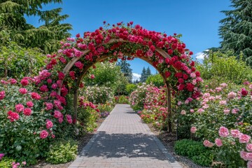 Naklejka premium Elegant Garden Pathway Surrounded by Vibrant Blooms