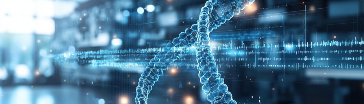 AI cancer prevention, digital DNA sequence, futuristic tech overlay, modern lab