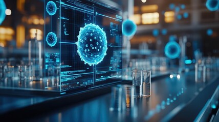 Cellular immunity scan, digital overlay, cancer prevention tech, futuristic lab