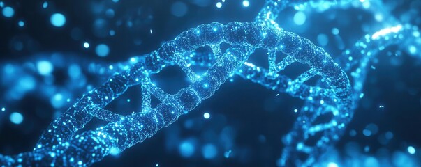 DNA analysis hologram, neon blue overlay, molecular visualization, cancer prevention