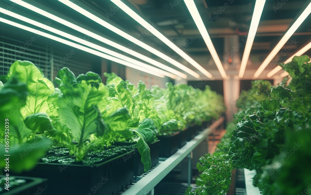 Poster a futuristic microclimate farming system with rows of vegetables thriving under precise conditions