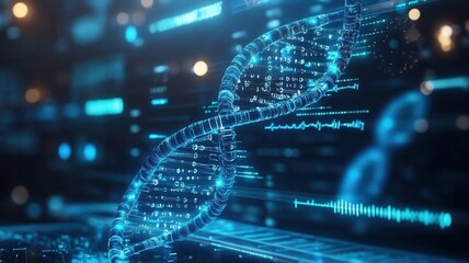Real-time DNA sequencing, holographic interface, futuristic blue light, medical setting