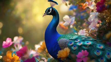 Fototapeta premium Peacock in a Garden of Flowers