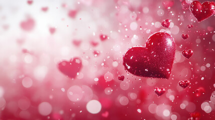 Obraz premium Sparkling red hearts float against dreamy pink background, creating romantic atmosphere perfect for celebrations and love themed events