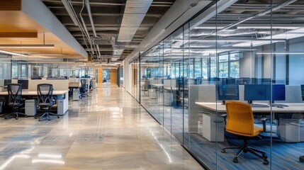 Interior of a modern office with glass walls and floor. Nobody inside.