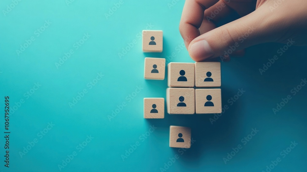 Poster Building a Team: Wooden Blocks with Person Icons Represent Teamwork and Collaboration