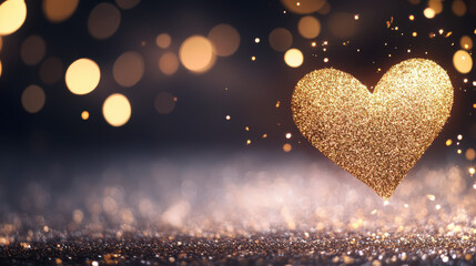 shimmering golden heart surrounded by sparkling bokeh lights, creating romantic and festive atmosphere. Perfect for celebrations and love themed events