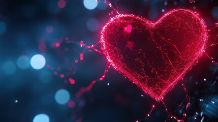 glowing red heart made of interconnected lines and dots, symbolizing love and connection in digital world