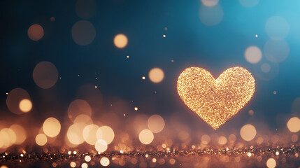 Fototapeta premium sparkling heart shape made of golden glitter shines against blurred background of soft bokeh lights, creating romantic and enchanting atmosphere