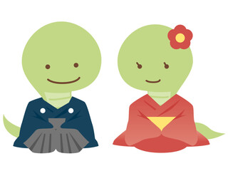 着物を着て正座をする2匹のへび　巳年の年賀状イラスト素材