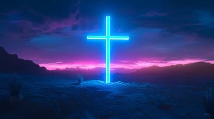 Fototapeta premium Neon illuminated blue cross on desert at night. Neon. Illustration