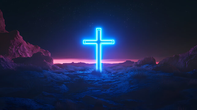 Neon illuminated blue cross on desert at night. Neon. Illustration
