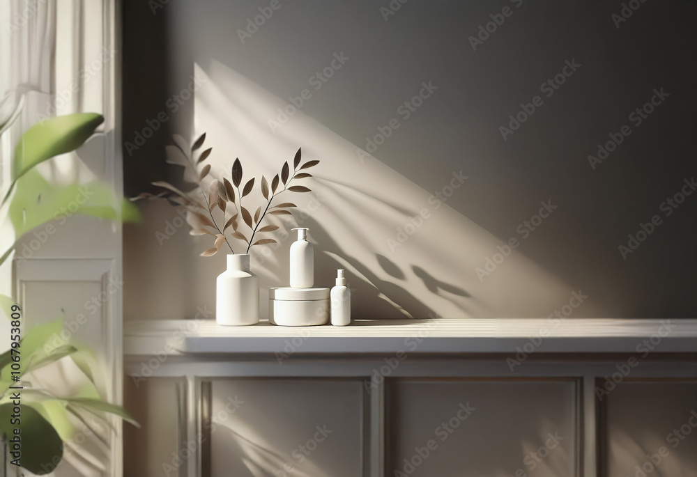 Poster sunlight streams through a window, illuminating a shelf with white ceramic objects, including a vase