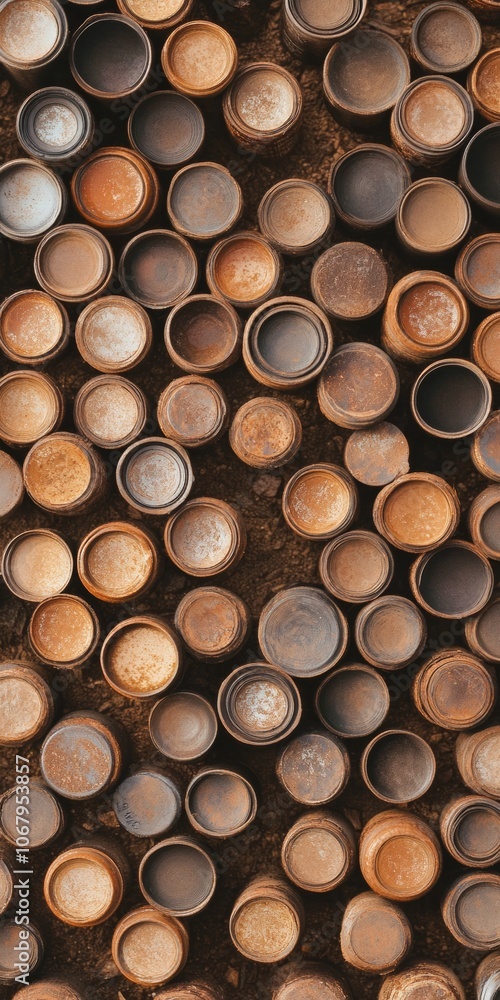 Poster Aerial View of Symmetrical Patterned Brown Bottles on Textured Surface