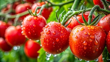 Close-up of fresh red tomatoes with water droplets on a vine in a garden , tomatoes, red, fresh, water droplets, vine, JPG, AI GENERATED