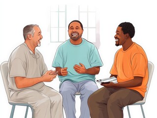 A group of prisoners talking with their families in a visitation room, sharing stories and laughter, isolated on a white background
