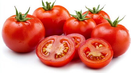 A group of tomatoes, some whole and others sliced to show the juicy interior