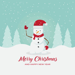 Merry Christmas greeting cards, posters, holiday covers. Modern Christmas design. with winter landscape, forest, snowman. vector illustration in flat style