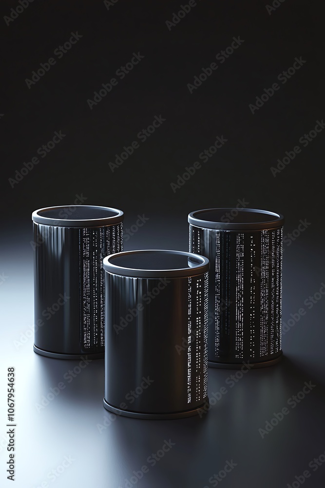 Poster Three black cylinders with a pattern of dots on them