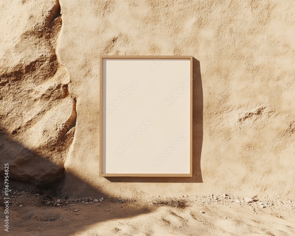 Poster sunlit ochre sandstone wall with rustic poster frame for mockup in desert setting