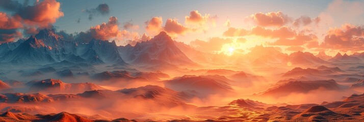 Sunrise over a misty, layered mountain range. AI generative. .