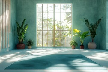 Tranquil Yoga Studio with Natural Light, Indoor Plants, and Minimalist Decor