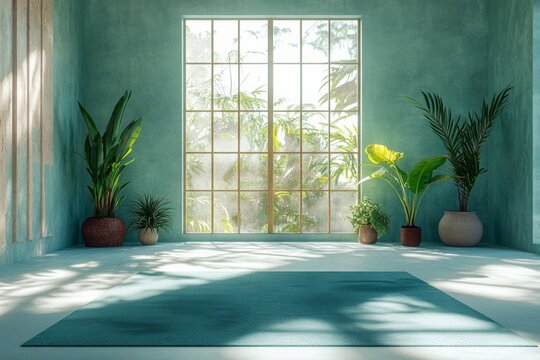 Tranquil Yoga Studio with Natural Light, Indoor Plants, and Minimalist Decor