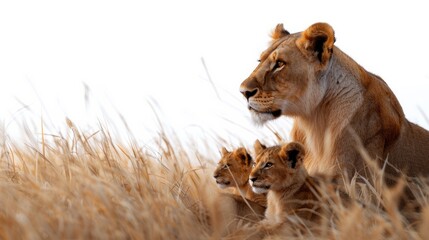A lioness and two cubs sit in tall grass, looking to the side. AI generative. .