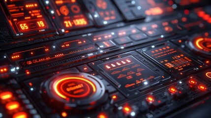 Obraz premium Futuristic digital interface with glowing red lights and buttons. AI generative. .