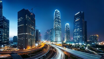 Fototapeta premium Night aerial view of modern infrastructure buildings residential city